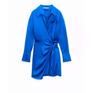 NWT Zara Blue Satin Wrap Dress Size XL
